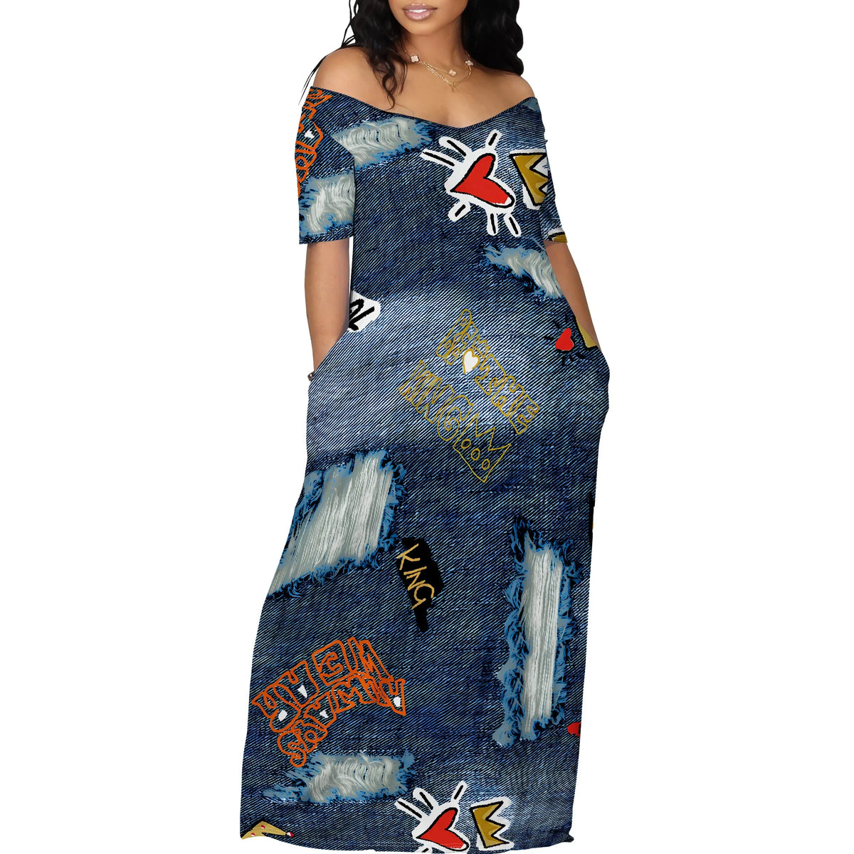 EtherealBe off shoulder printed maxi dress in denim style with colorful graphic patterns and pockets