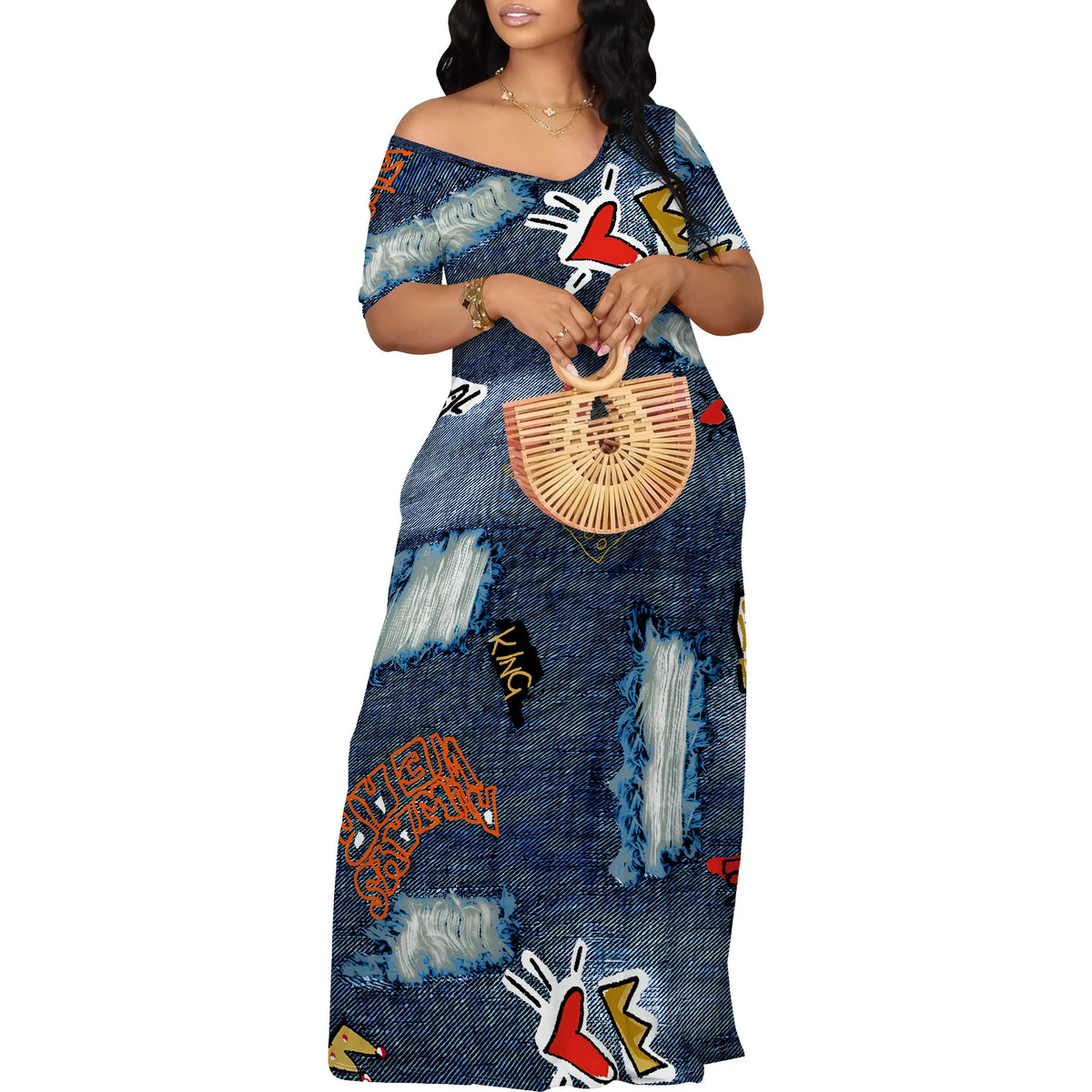 EtherealBe off shoulder printed maxi dress in vibrant colors with unique graphic designs