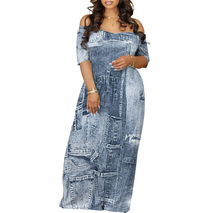 EtherealBe off shoulder printed maxi dress in denim style with elegant design for summer outings