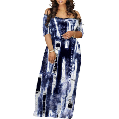 EtherealBe off shoulder printed maxi dress in navy blue with abstract patterns for stylish summer wear