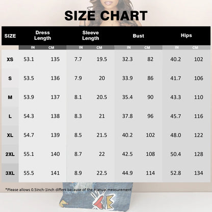 Size chart for off shoulder printed maxi dress showing dress lengths and measurements for various sizes