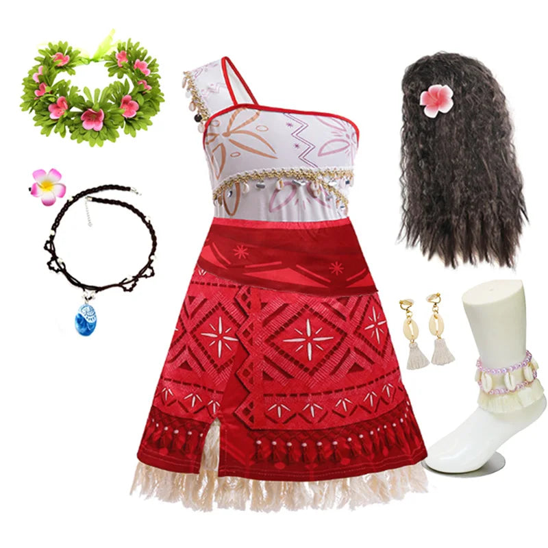 Disney Moana 2 Vaiana costume kids cosplay red one shoulder dress with island print wig lei shell necklace and jewelry set