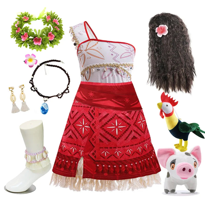 Disney Moana 2 Vaiana costume kids cosplay red Polynesian dress set with wig flower crown necklace and toys