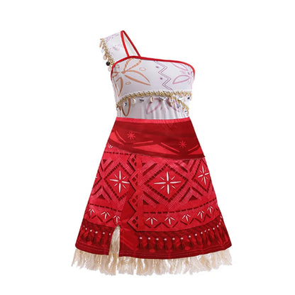 Disney Moana 2 Vaiana costume kids cosplay one shoulder red and white tribal print dress with shell fringe and tasseled hem