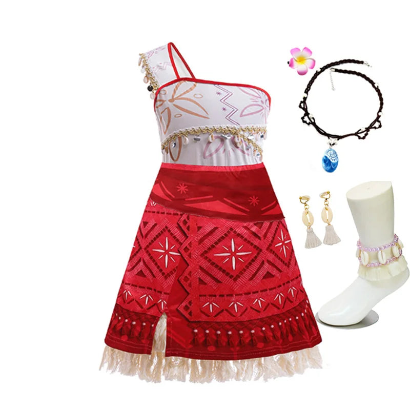 Disney Moana 2 Vaiana costume kids cosplay red Polynesian one shoulder dress with shell necklace flower clip tassel anklet earrings