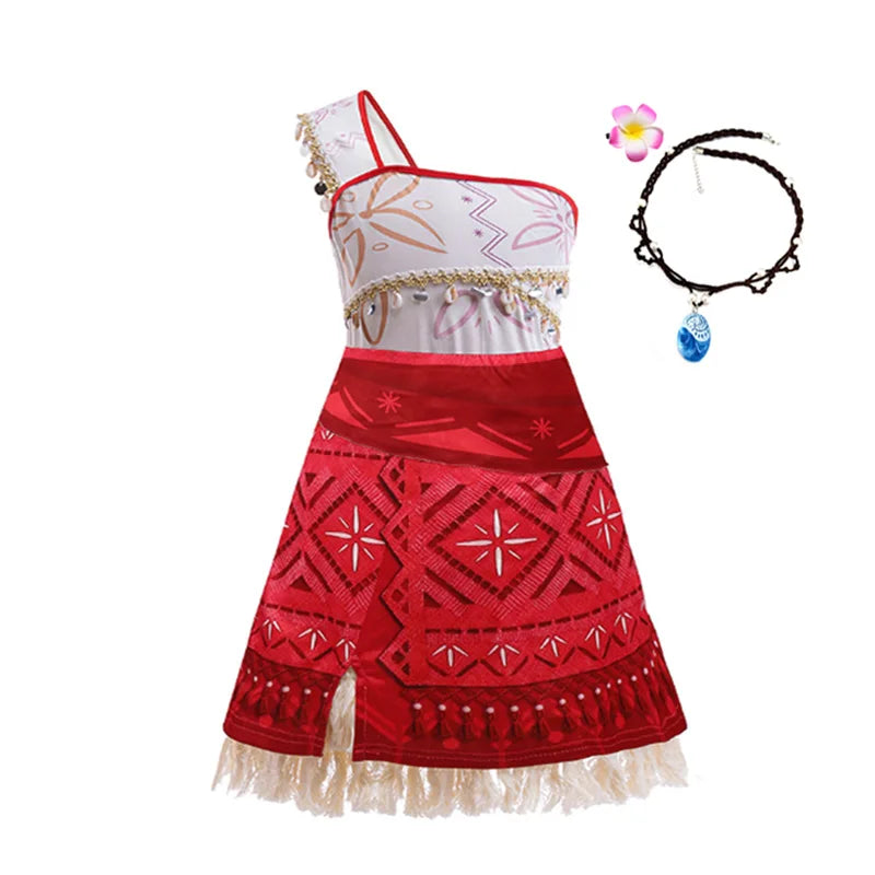 Disney Moana 2 Vaiana costume kids cosplay red one shoulder island dress with patterned skirt shell trim necklace and flower