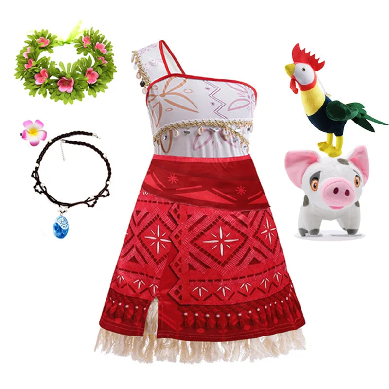 Disney Moana 2 Vaiana costume kids cosplay set with red tribal dress lei necklace flower and Pua Heihei plush