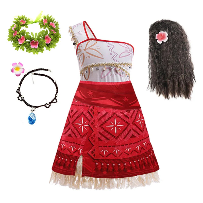 Disney Moana 2 Vaiana costume kids cosplay red one shoulder dress with tribal print skirt flower crown wig and necklace
