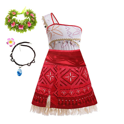 Disney Moana 2 Vaiana costume kids cosplay red one shoulder dress with tribal print flower crown and blue pendant necklace