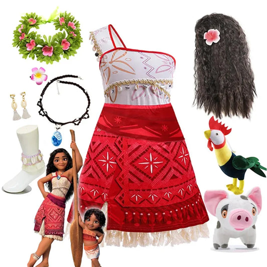 Disney Moana 2 Vaiana costume kids cosplay red one shoulder tribal dress with wig flower crown necklace and Pua Heihei plush