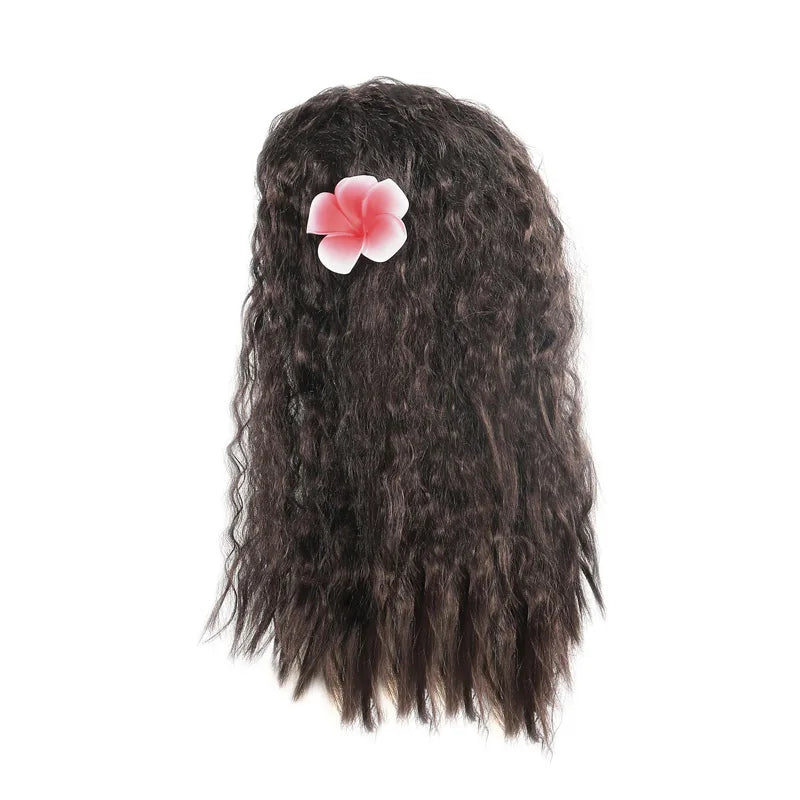 Disney Moana 2 Vaiana costume kids cosplay dark curly wig with long waves and pink plumeria flower clip