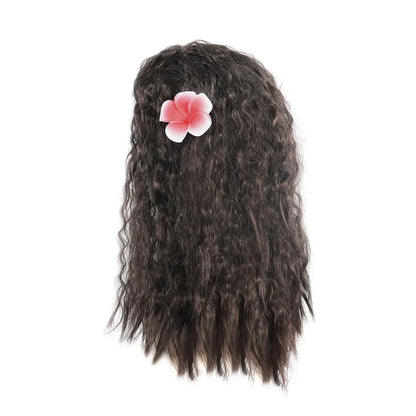 Disney Moana 2 Vaiana costume kids cosplay dark curly wig with long waves and pink plumeria flower clip