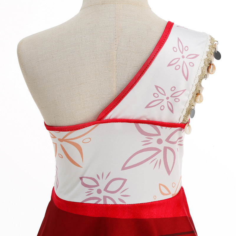 Back view of Disney Moana 2 Vaiana costume kids cosplay one shoulder dress with white floral print red sash and shell coin trim