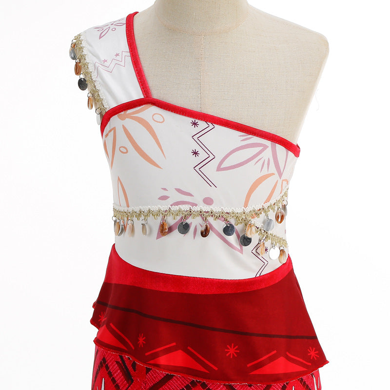 Disney Moana 2 Vaiana costume kids cosplay one shoulder red and white tropical print dress with coin trim