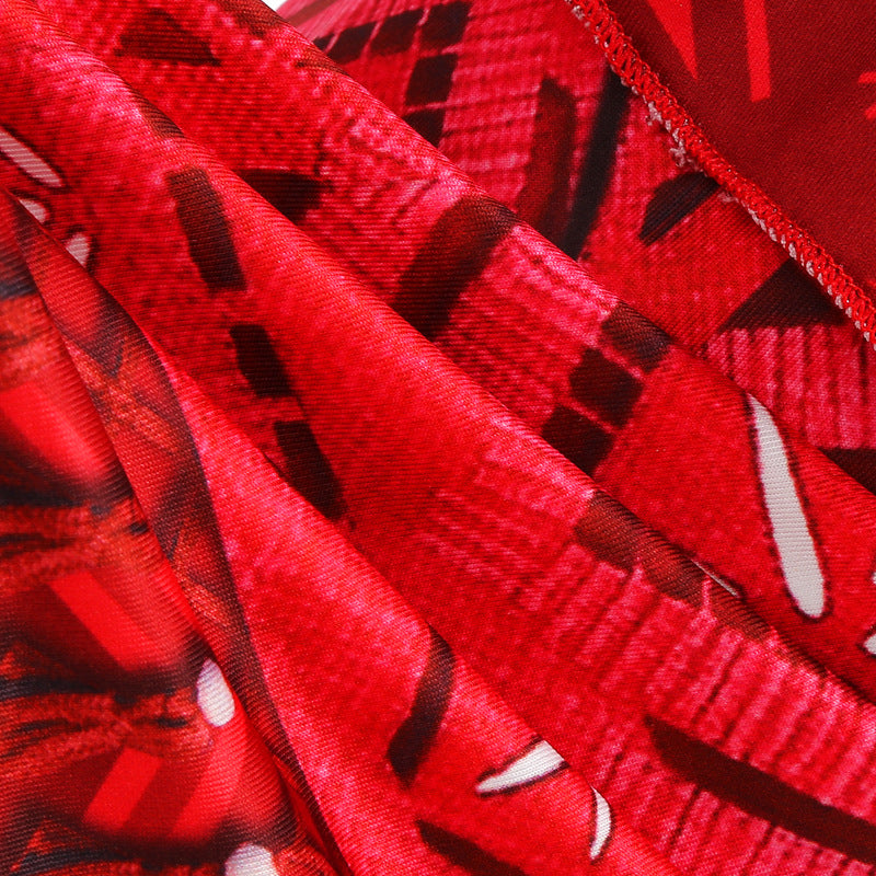 Red patterned fabric closeup for Disney Moana 2 Vaiana costume kids cosplay showing island print texture
