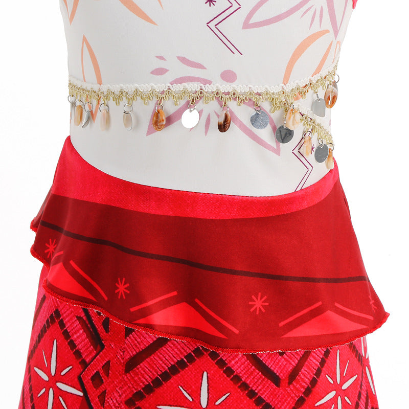 Disney Moana 2 Vaiana costume kids cosplay red tribal skirt with layered sash and coin belt for dress up