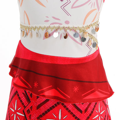 Disney Moana 2 Vaiana costume kids cosplay red tribal skirt with layered sash and coin belt for dress up
