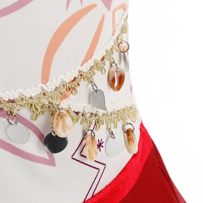 Disney Moana 2 Vaiana costume kids cosplay closeup of shell and metal charm belt on printed top and red skirt