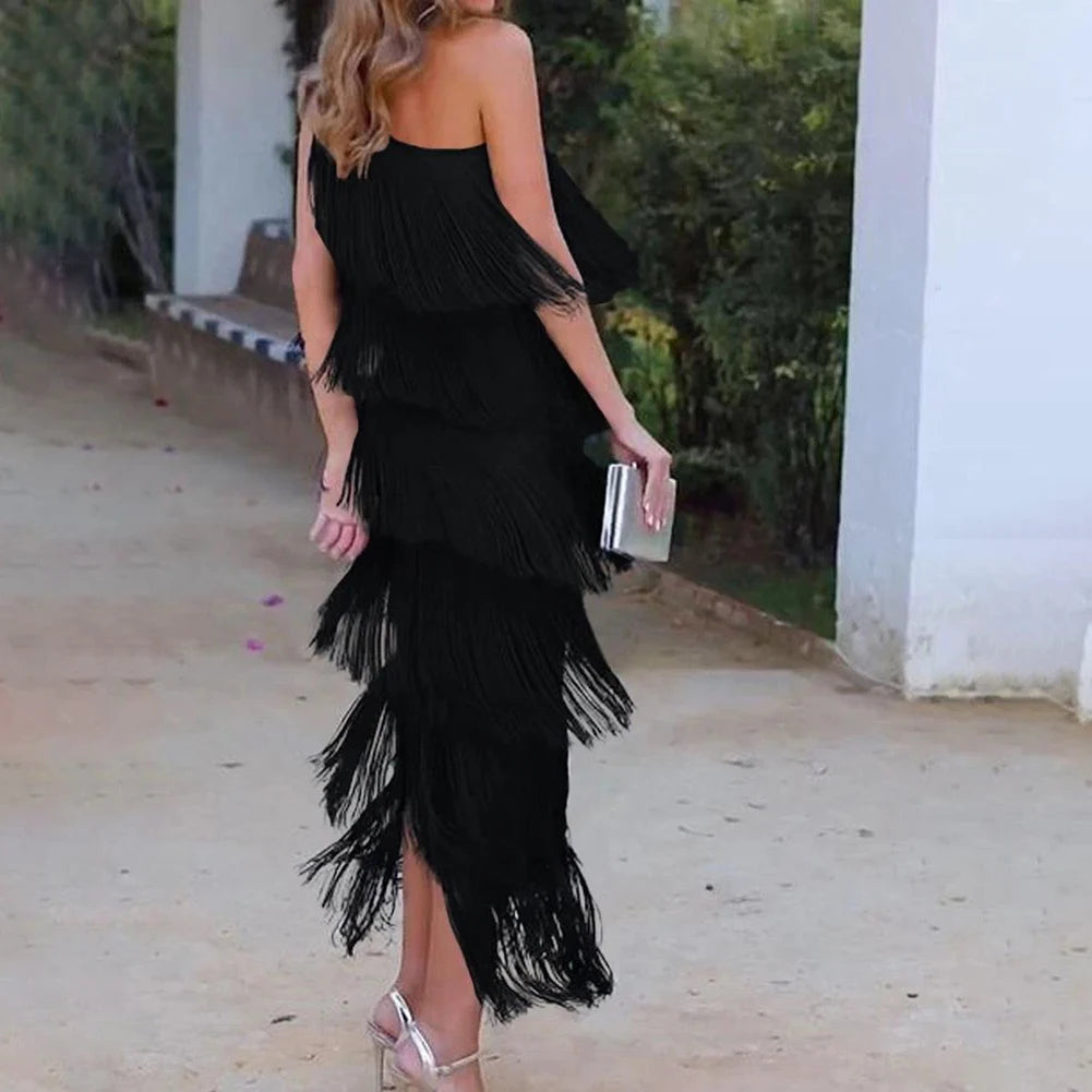 Elegant one shoulder layered tassel dress for women in black with a flowing design and fringed detailing