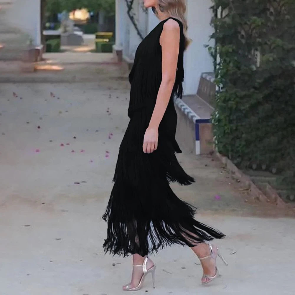Stylish one shoulder layered tassel dress for women in black, ideal for special occasions