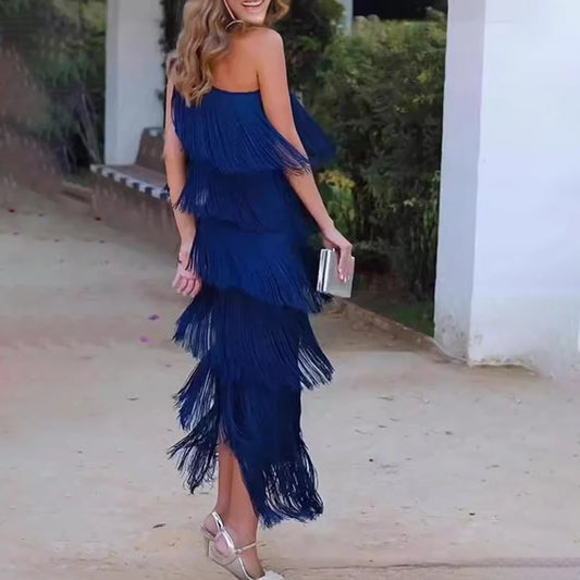 Elegant one shoulder layered tassel dress for women in navy blue with a stylish design