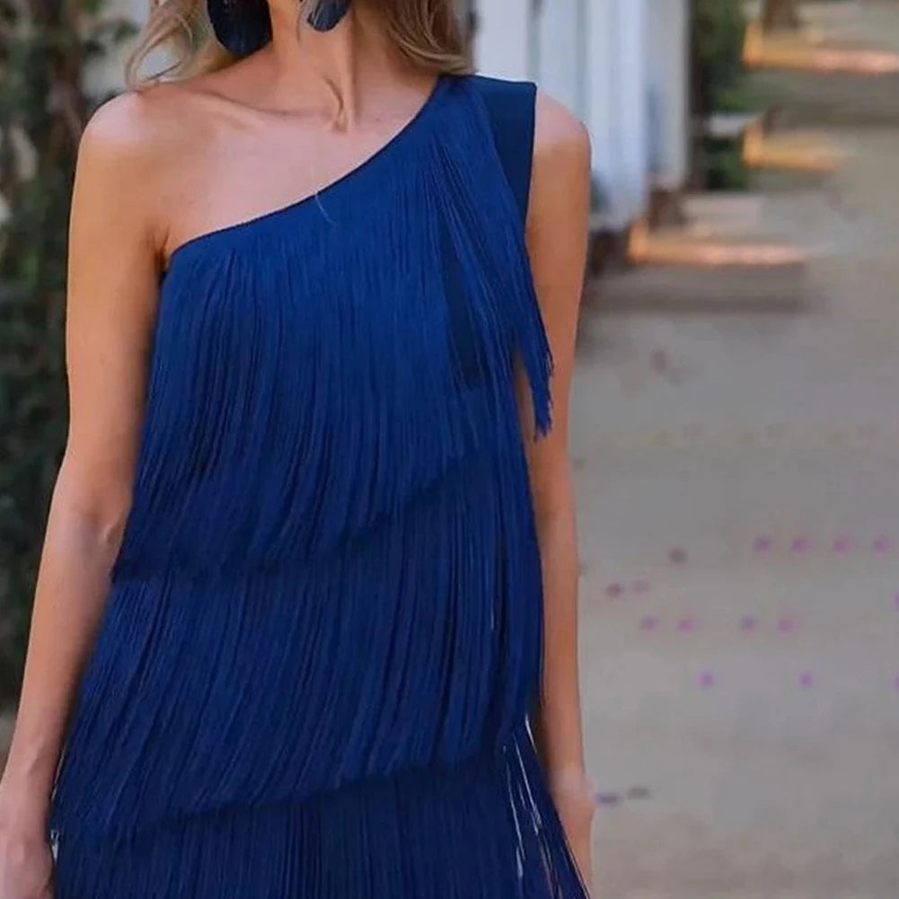 Elegant one shoulder layered tassel dress for women in deep navy blue with flowing design