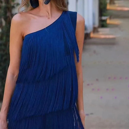 Elegant one shoulder layered tassel dress for women in deep navy blue with flowing design