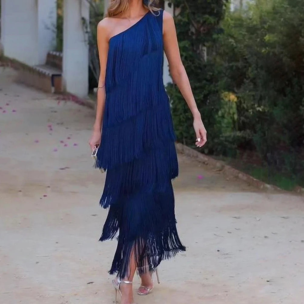 EtherealBe one shoulder layered tassel dress for women in navy blue with a flowing design