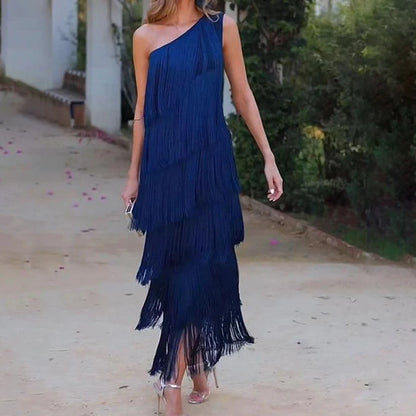EtherealBe one shoulder layered tassel dress for women in navy blue with a flowing design