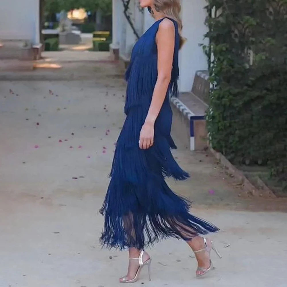 Elegant one shoulder layered tassel dress for women in navy with flowing fringe detail