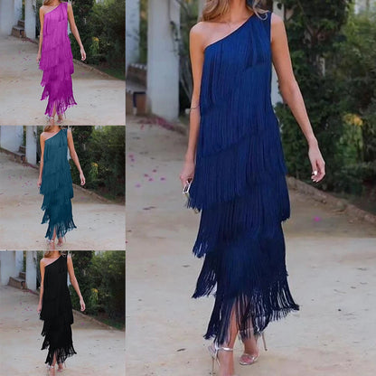 One shoulder layered tassel dress for women available in four vibrant colors: pink, teal, navy, and black