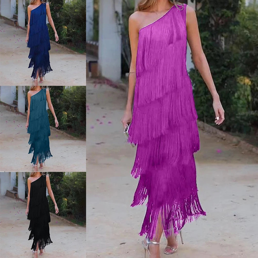 One shoulder layered tassel dress for women in purple, black, and teal styles, perfect for elegant occasions