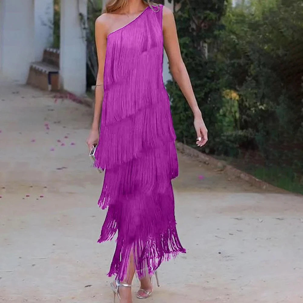 EtherealBe one shoulder layered tassel dress for women in vibrant purple with fringe details
