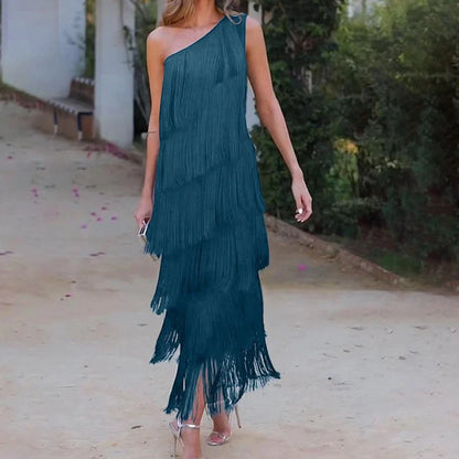 Elegant one shoulder layered tassel dress for women in teal, perfect for formal occasions and summer events