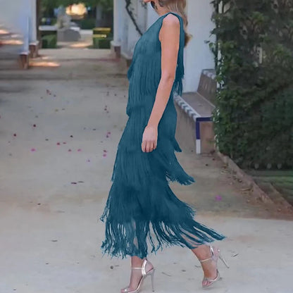 Elegant one shoulder layered tassel dress for women in teal, perfect for special occasions and summer events