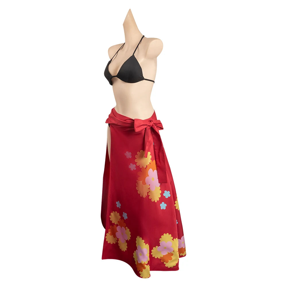 Nami Kawaii cosplay costume red floral sarong skirt with bow and black bikini top on mannequin