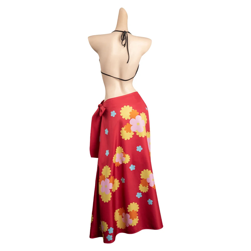 Back view Nami Kawaii cosplay costume by EtherealBe red floral sarong wrap skirt with black halter tie