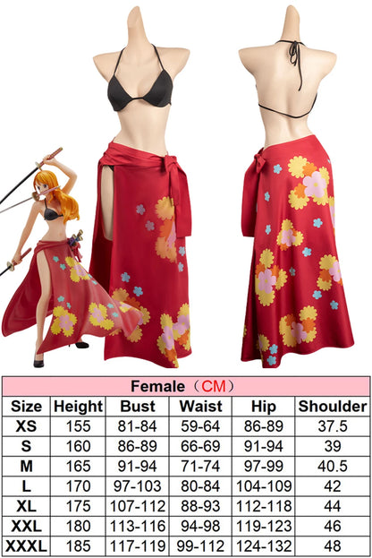 Nami Kawaii cosplay costume red floral wrap skirt with high slit and black bikini top on mannequin