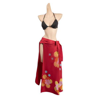 EtherealBe Nami Kawaii cosplay costume black bikini top with red floral sarong skirt tied waist side slit