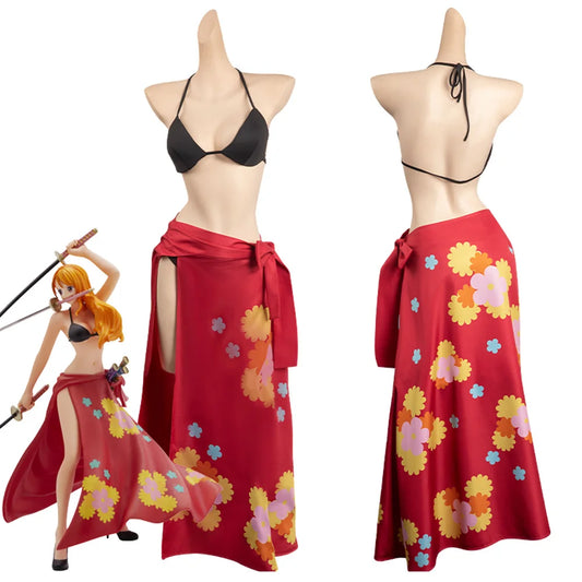 Red floral wrap skirt with high slit and black halter bikini top Nami Kawaii cosplay costume EtherealBe
