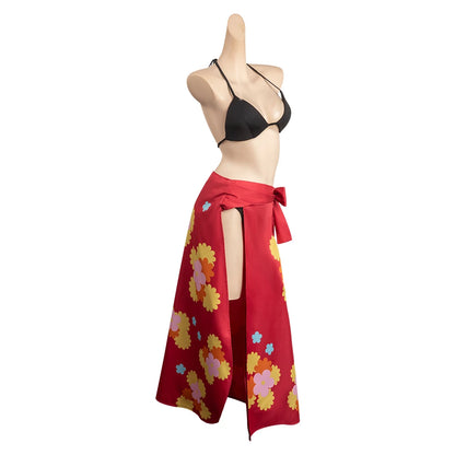 EtherealBe Nami Kawaii cosplay costume black bikini top with red floral wrap skirt side slit and bow