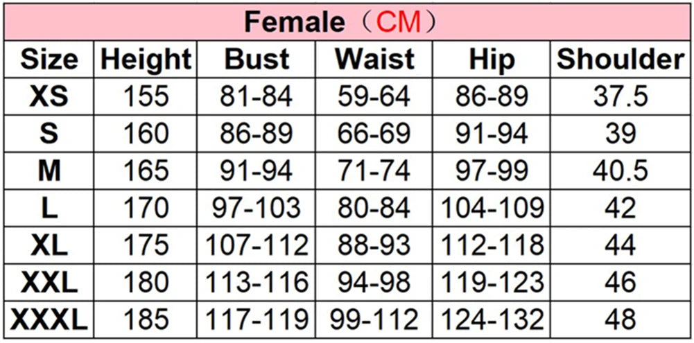 Nami Kawaii cosplay costume size chart female sizes XS to XXXL height bust waist hip shoulder measurements in cm