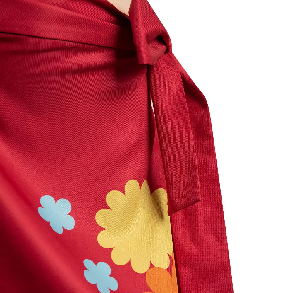 Red wrap skirt detail with tie and colorful floral print on fabric Nami Kawaii cosplay costume