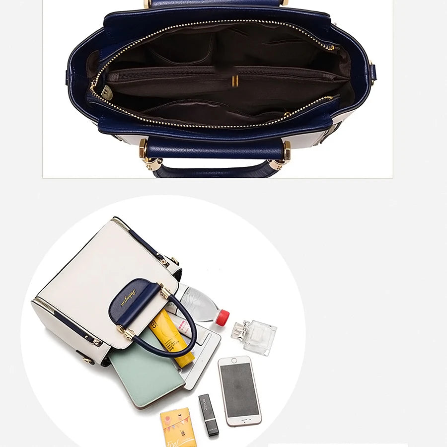 EtherealBe navy cream leather handbag top view showing interior pockets and contents trendsetting handbags for women 2025