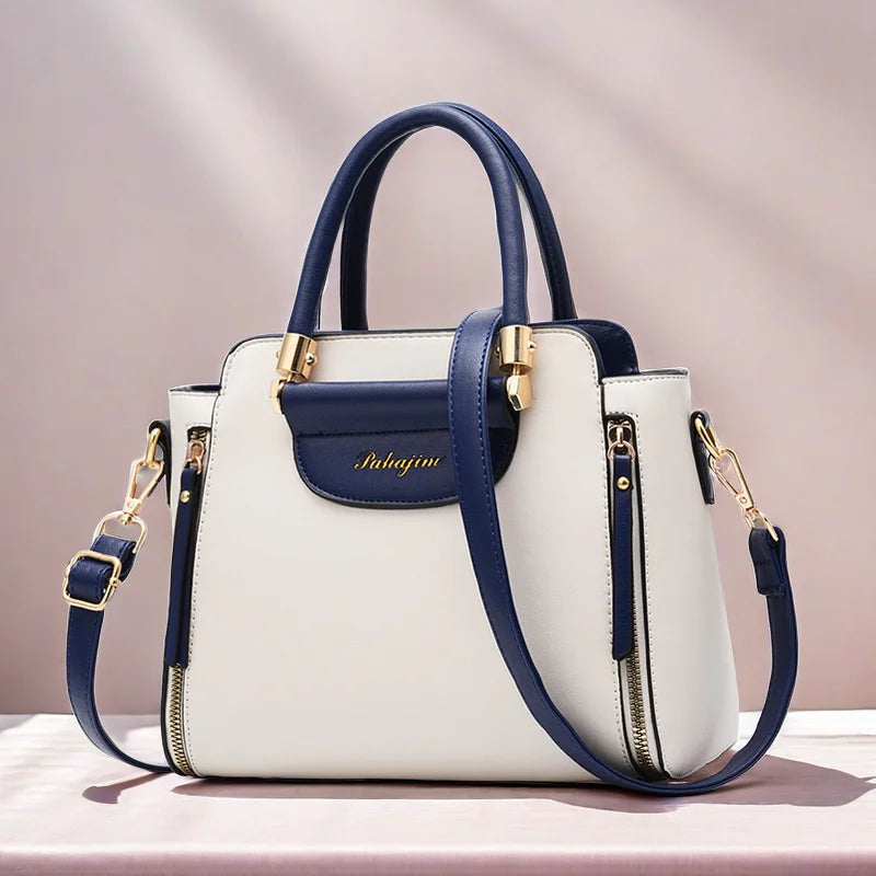 EtherealBe white and navy structured satchel with gold hardware and detachable strap trendsetting handbags for women 2025
