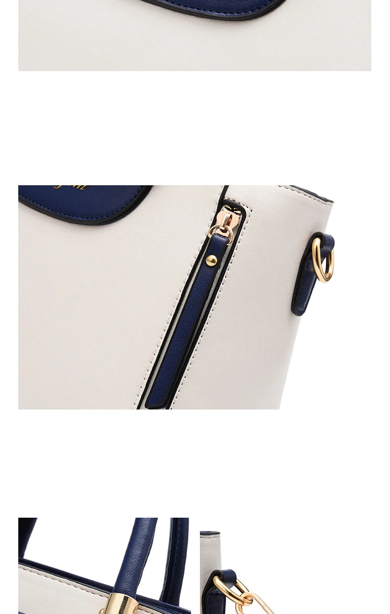 EtherealBe white satchel with navy trim gold hardware zipper and top handles trendsetting handbags for women 2025