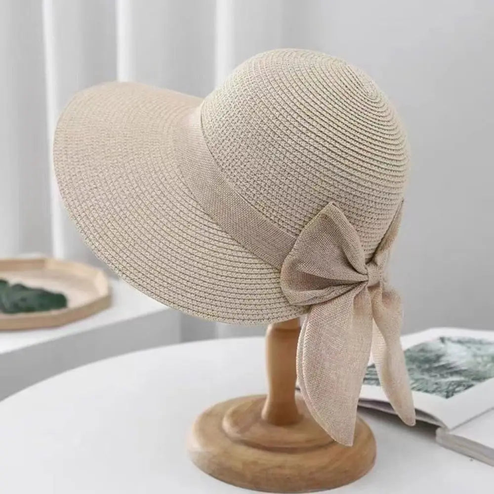 EtherealBe Panama bowknot bucket sun hat in light tan with a stylish bow detail