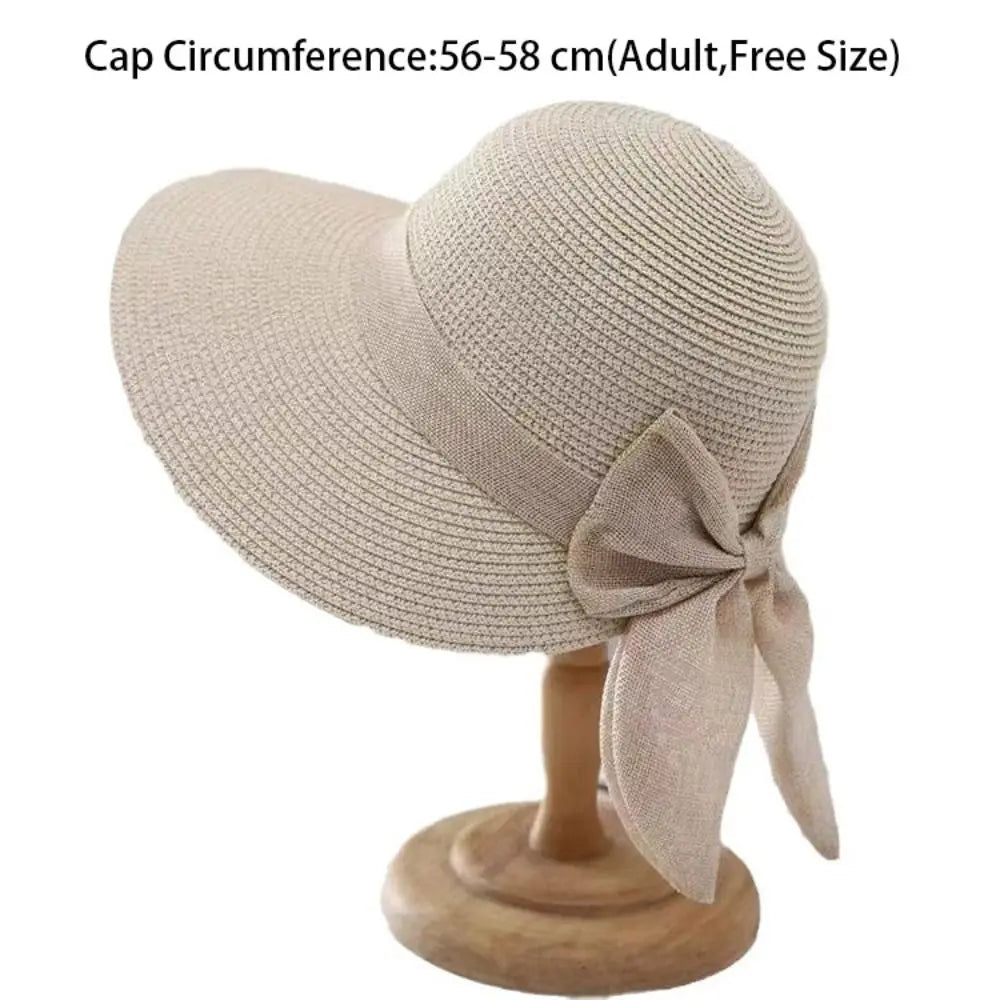 EtherealBe Panama bowknot bucket sun hat in beige with wide brim for sun protection