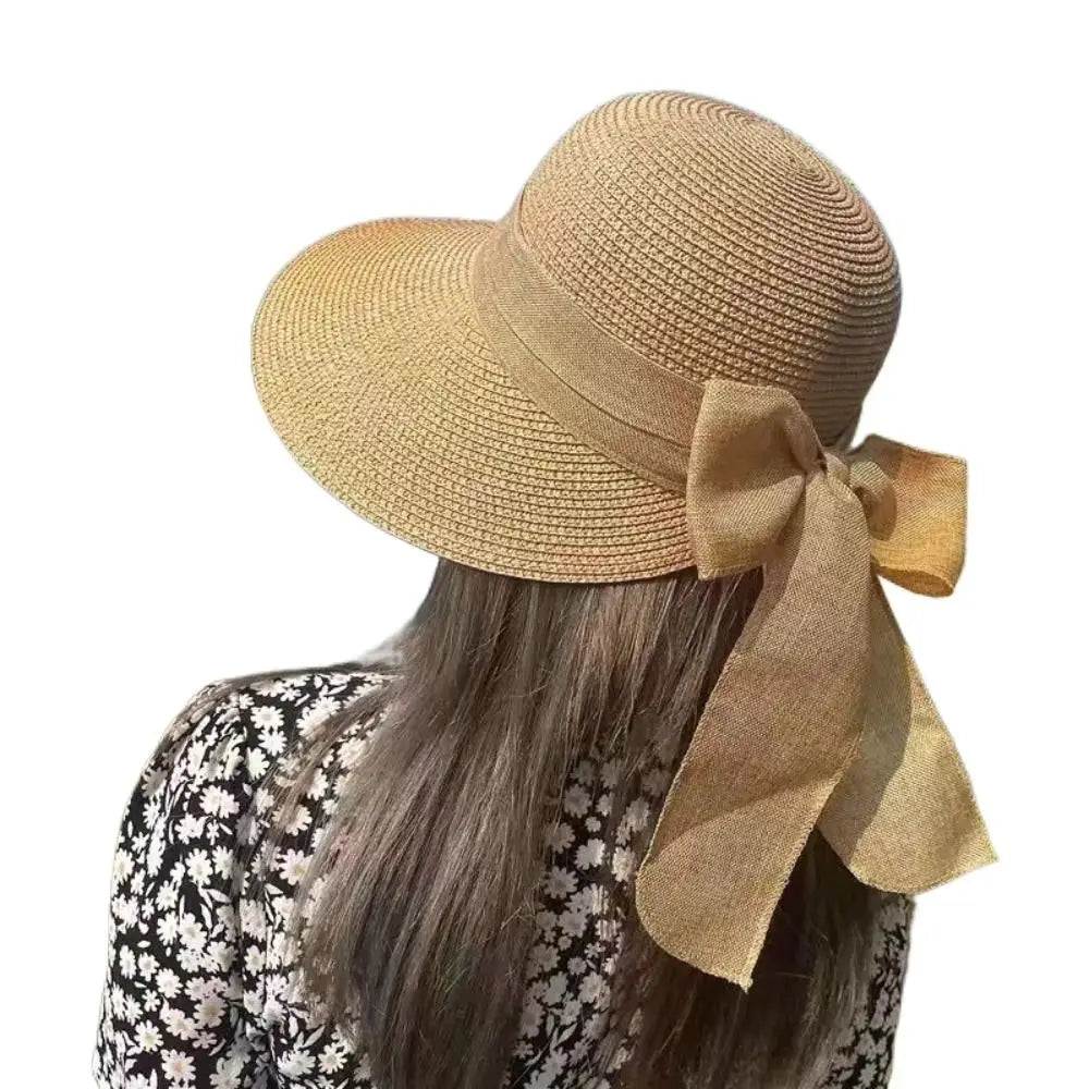 EtherealBe Panama bowknot bucket sun hat in natural raffia with a stylish bow for summer outings