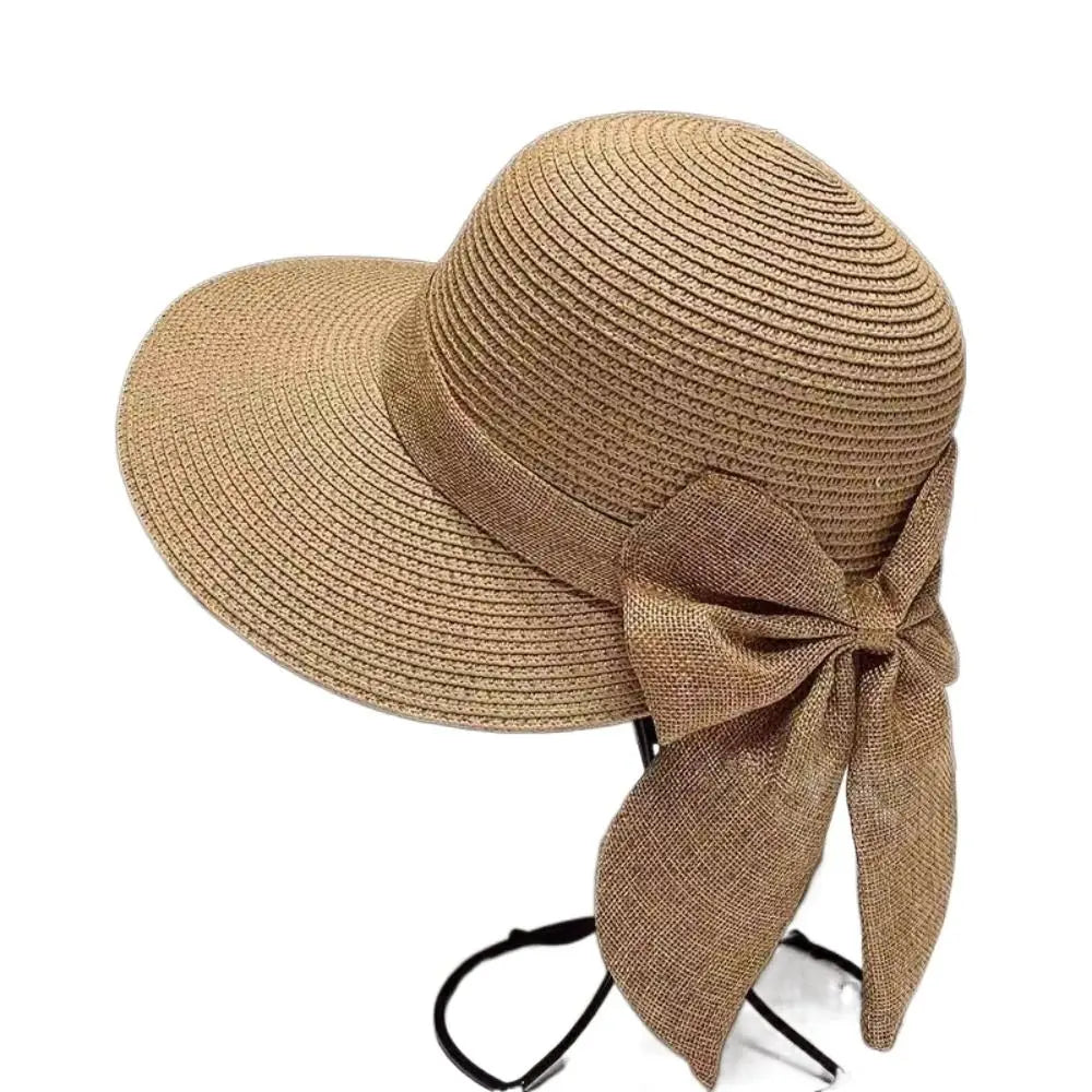 EtherealBe Panama bowknot bucket sun hat in tan color with wide brim and stylish bow for summer outings